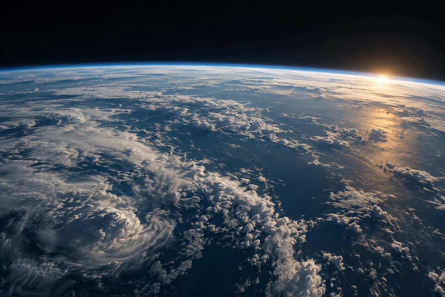 Sunrise over Earth's curved horizon and vast cloud-covered oceans